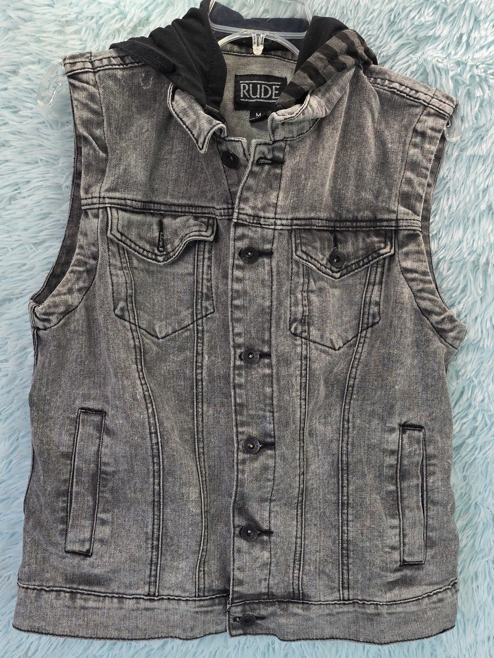 XXX Rude Charcoal Grey Acid Wash Hooded Denim Vest Jacket